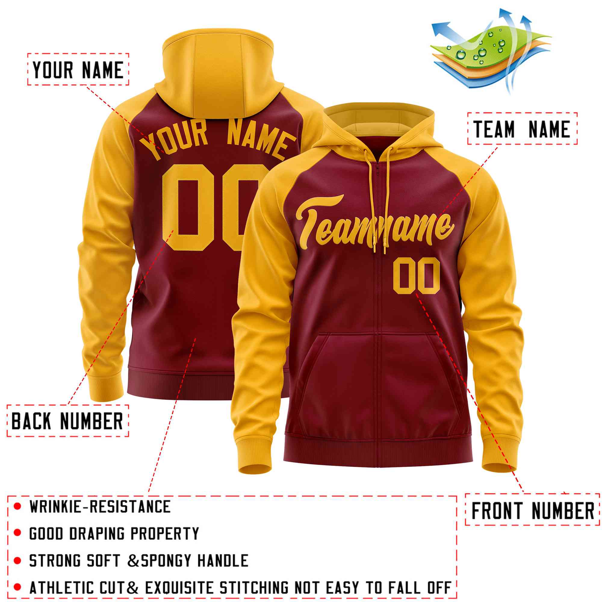 Custom Stitched Crimson Gold Raglan Sleeves Sports Full-Zip Sweatshirt Hoodie| KXKSHOP