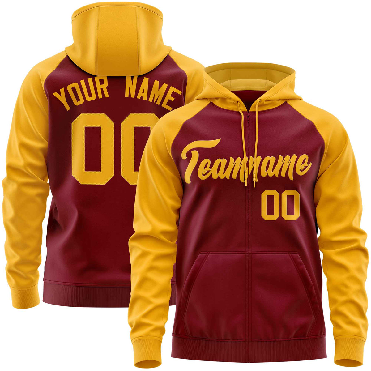 Custom Stitched Crimson Gold Raglan Sleeves Sports Full-Zip Sweatshirt Hoodie| KXKSHOP