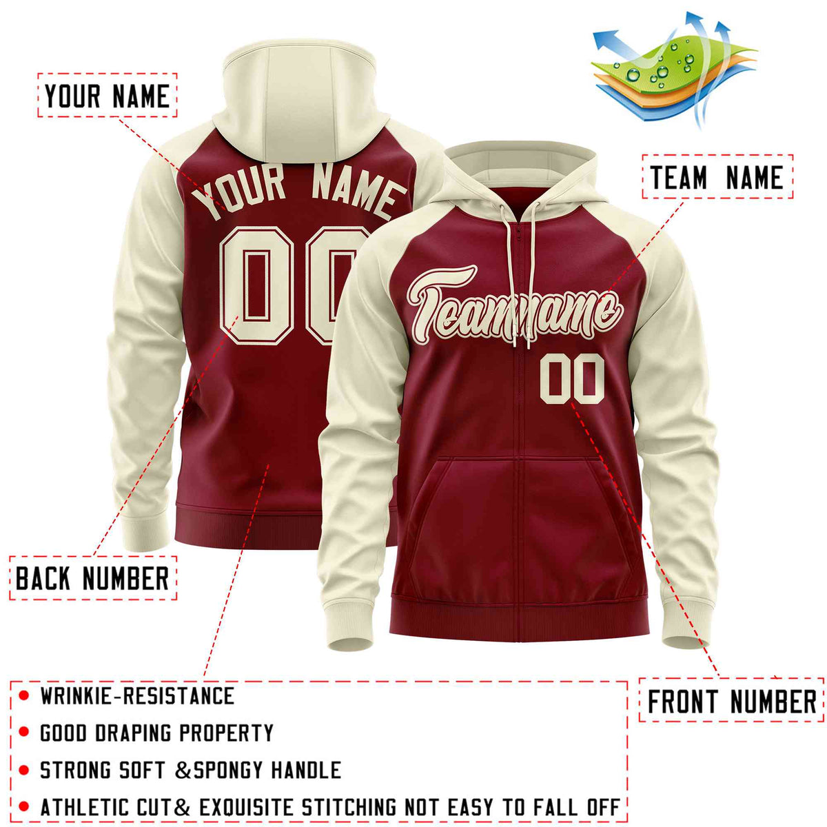 Custom Stitched Crimson Cream Raglan Sleeves Sports Full-Zip Sweatshirt Hoodie| KXKSHOP