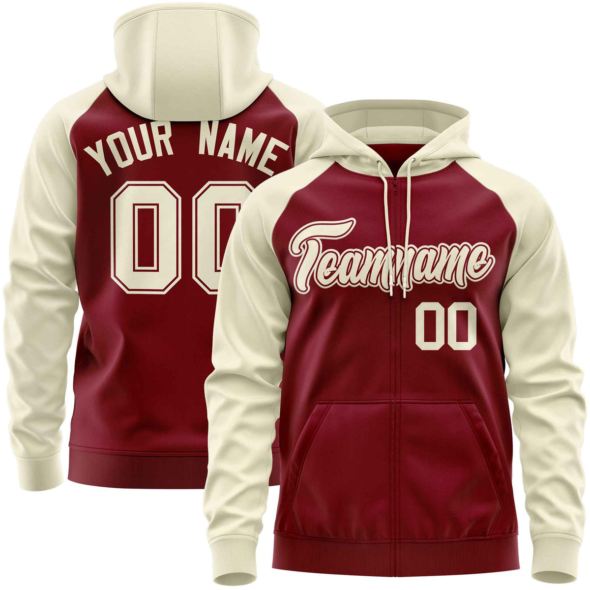 Custom Stitched Crimson Cream Raglan Sleeves Sports Full-Zip Sweatshirt Hoodie| KXKSHOP