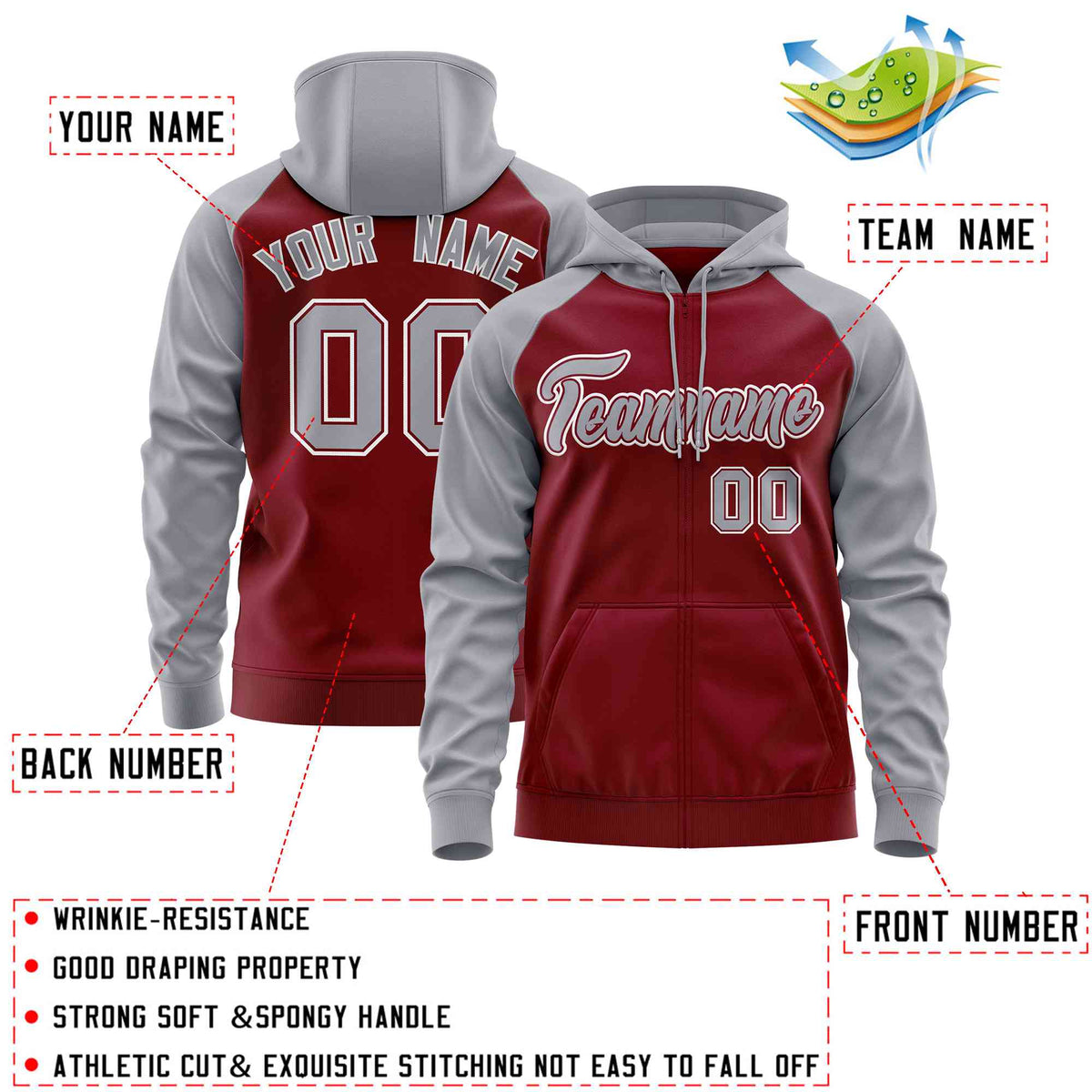 Custom Stitched Crimson Light Gray Raglan Sleeves Sports Full-Zip Sweatshirt Hoodie| KXKSHOP