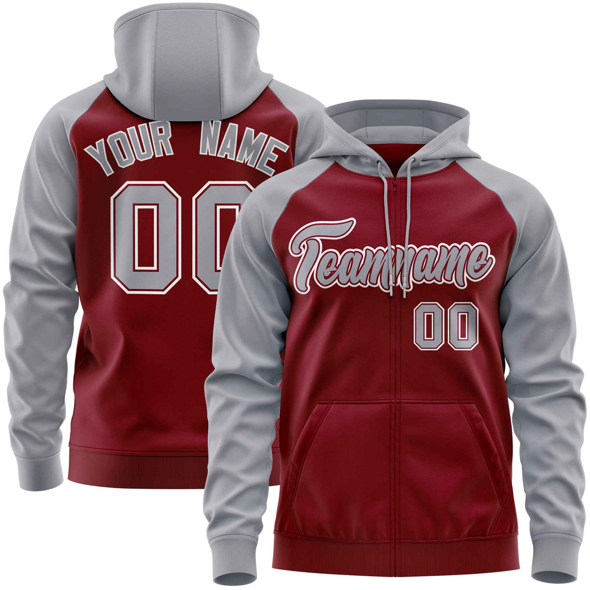 Custom Stitched Crimson Light Gray Raglan Sleeves Sports Full-Zip Sweatshirt Hoodie| KXKSHOP
