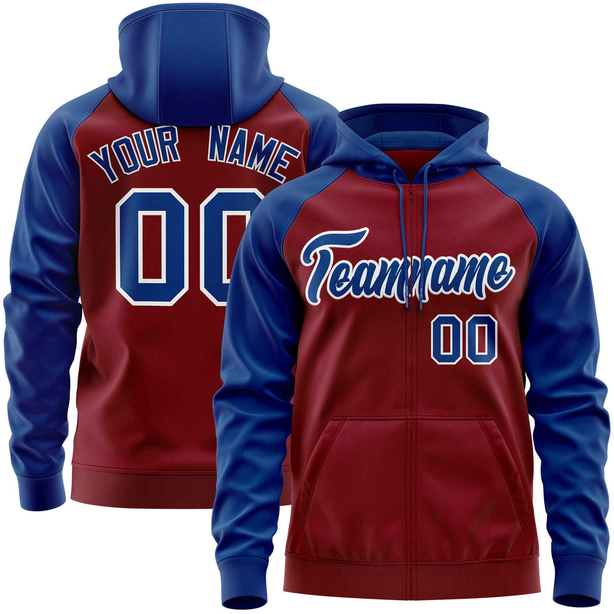 Custom Stitched Crimson Royal Raglan Sleeves Sports Full-Zip Sweatshirt Hoodie| KXKSHOP