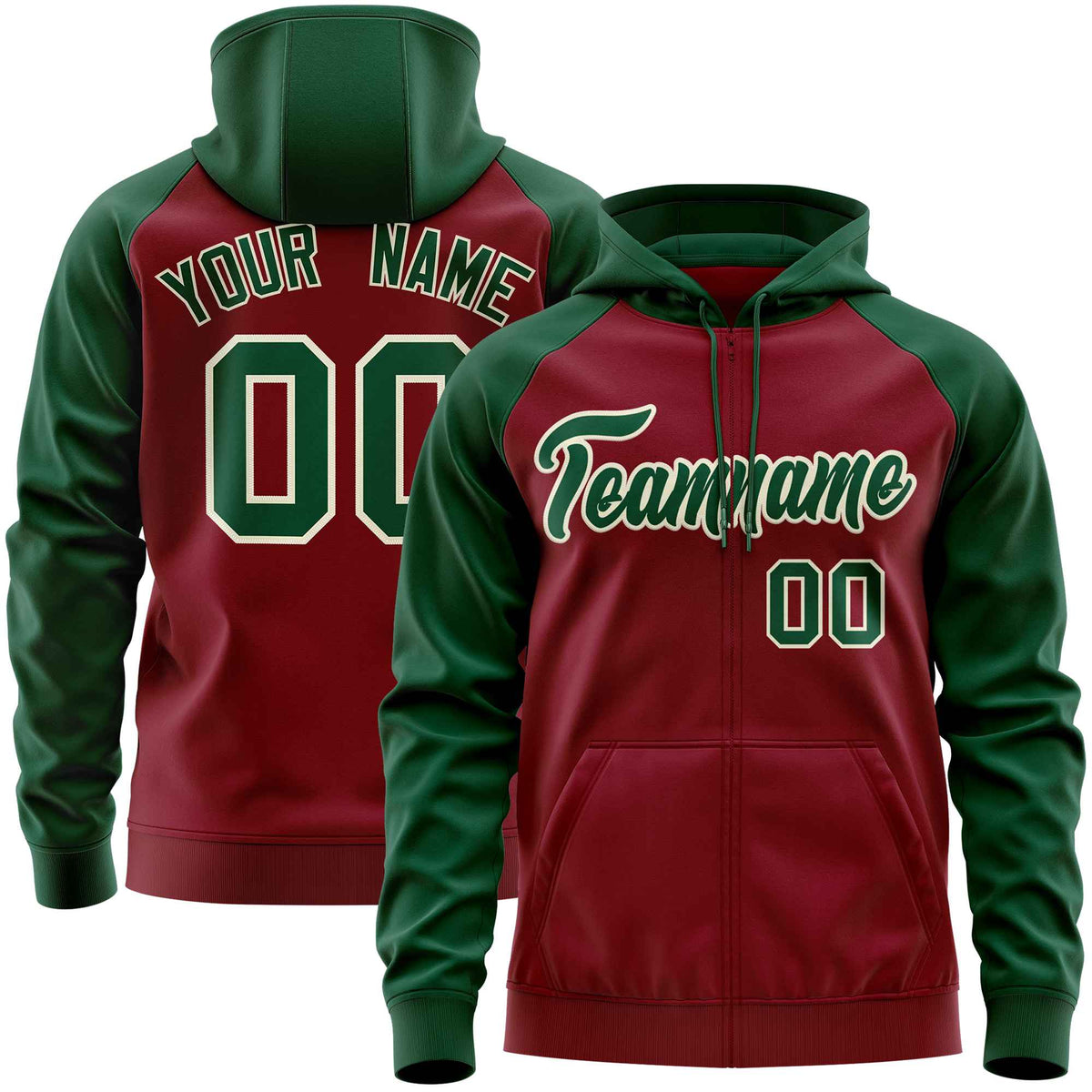 Custom Stitched Crimson Green Raglan Sleeves Sports Full-Zip Sweatshirt Hoodie| KXKSHOP