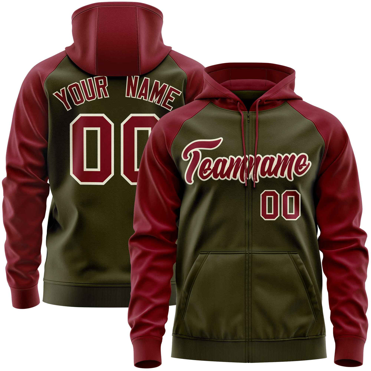 Custom Stitched Olive Crimson Raglan Sleeves Sports Full-Zip Sweatshirt Hoodie| KXKSHOP