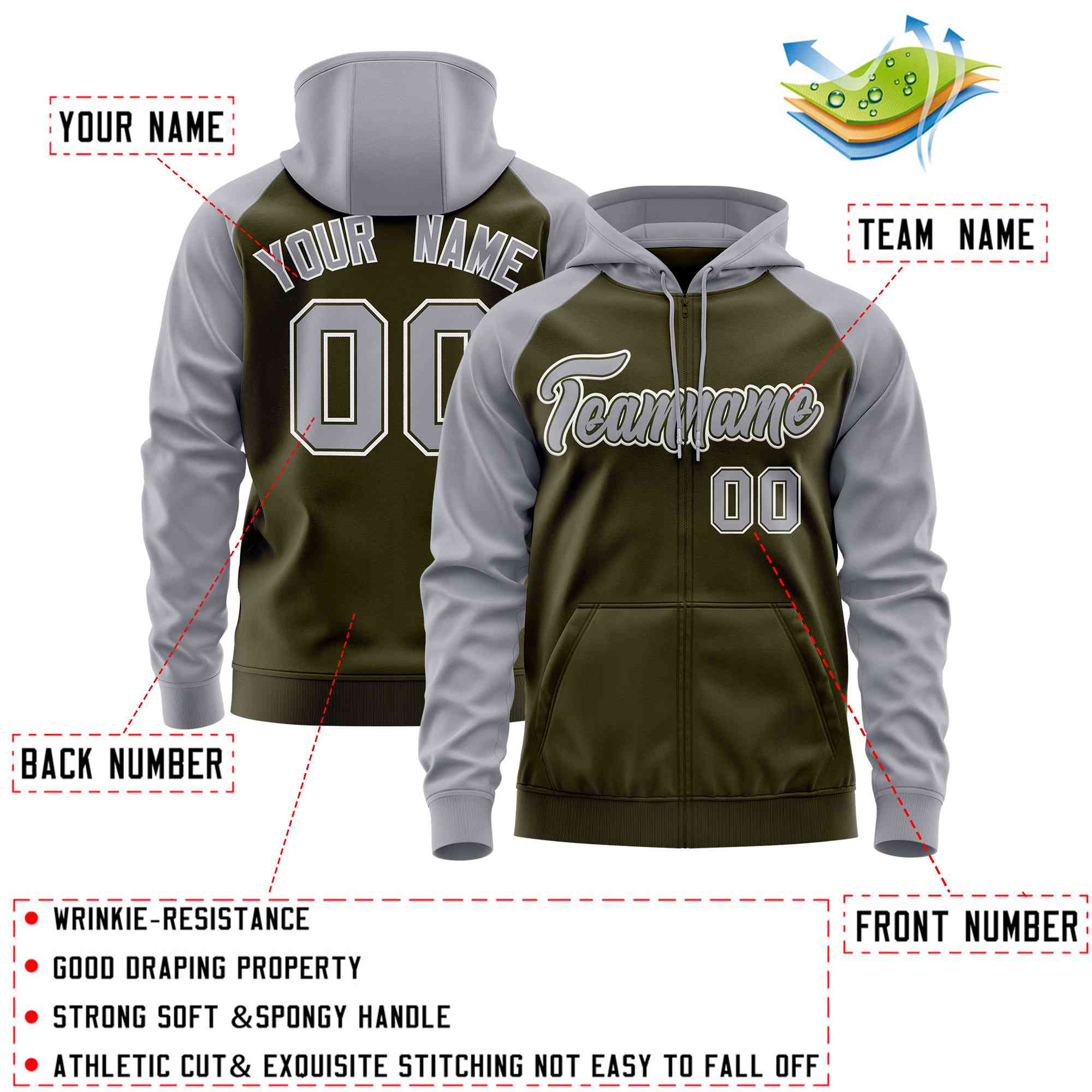 Custom Stitched Olive Light Gray Raglan Sleeves Sports Full-Zip Sweatshirt Hoodie| KXKSHOP
