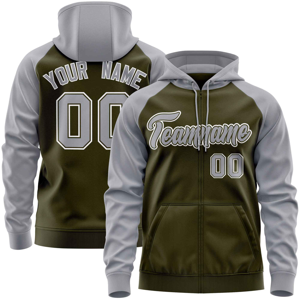 Custom Stitched Olive Light Gray Raglan Sleeves Sports Full-Zip Sweatshirt Hoodie| KXKSHOP
