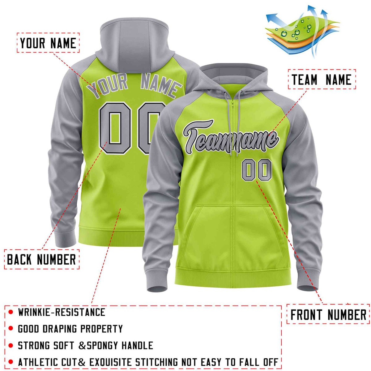 Custom Stitched Neon Green Light Gray Raglan Sleeves Sports Full-Zip Sweatshirt Hoodie| KXKSHOP