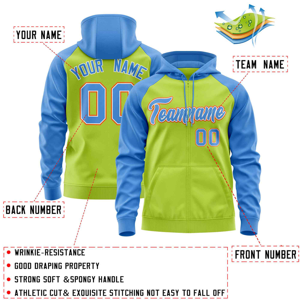 Custom Stitched Neon Green Powder Blue Raglan Sleeves Sports Full-Zip Sweatshirt Hoodie| KXKSHOP