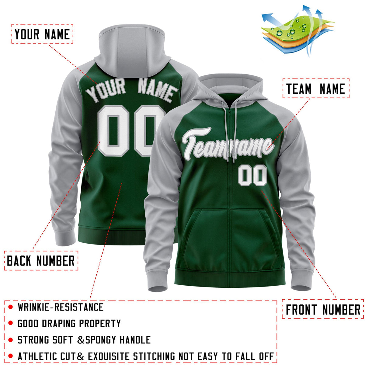 Custom Stitched Green White-Gray Raglan Sleeves Sports Full-Zip Sweatshirt Hoodie| KXKSHOP