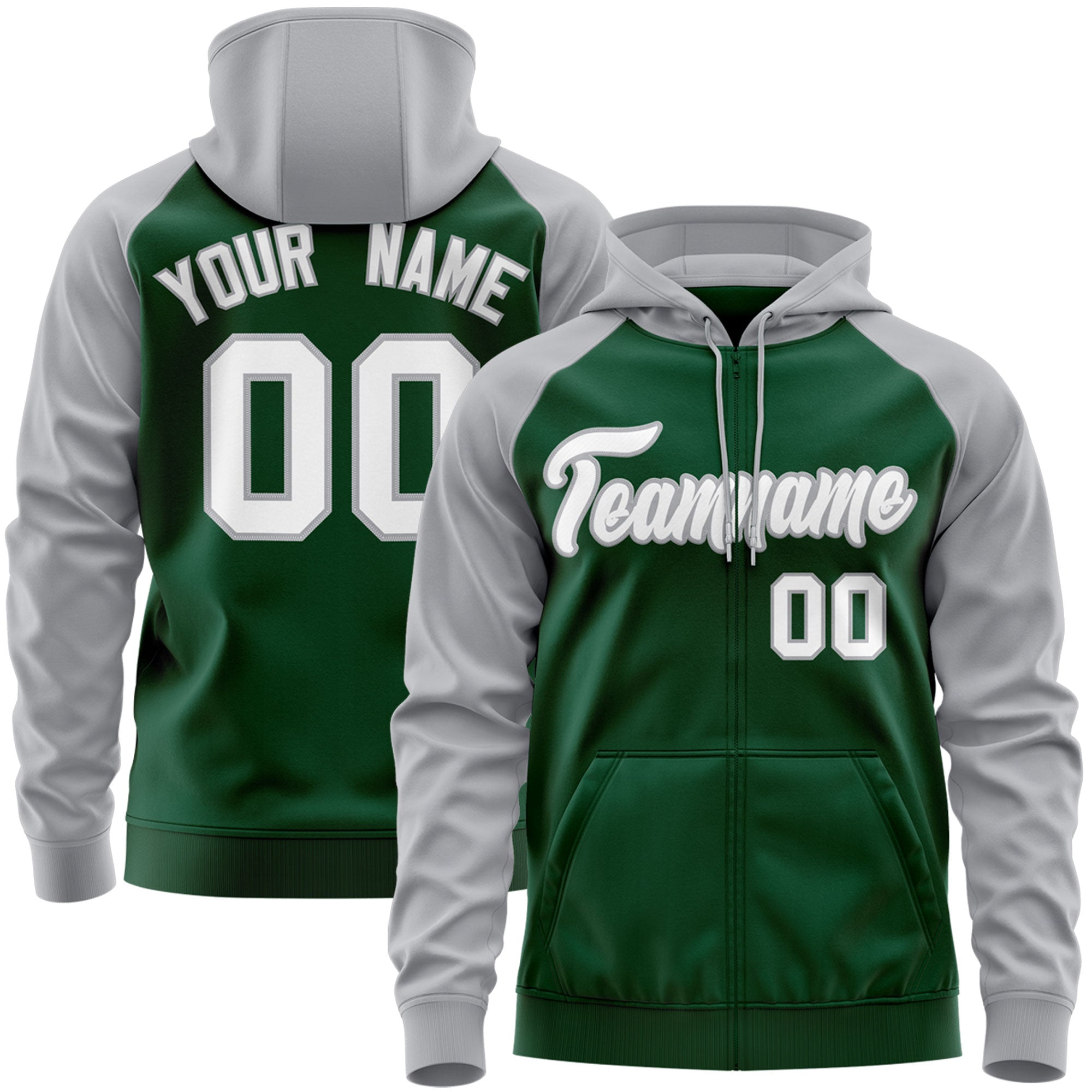 Custom Stitched Green White-Gray Raglan Sleeves Sports Full-Zip Sweatshirt Hoodie| KXKSHOP