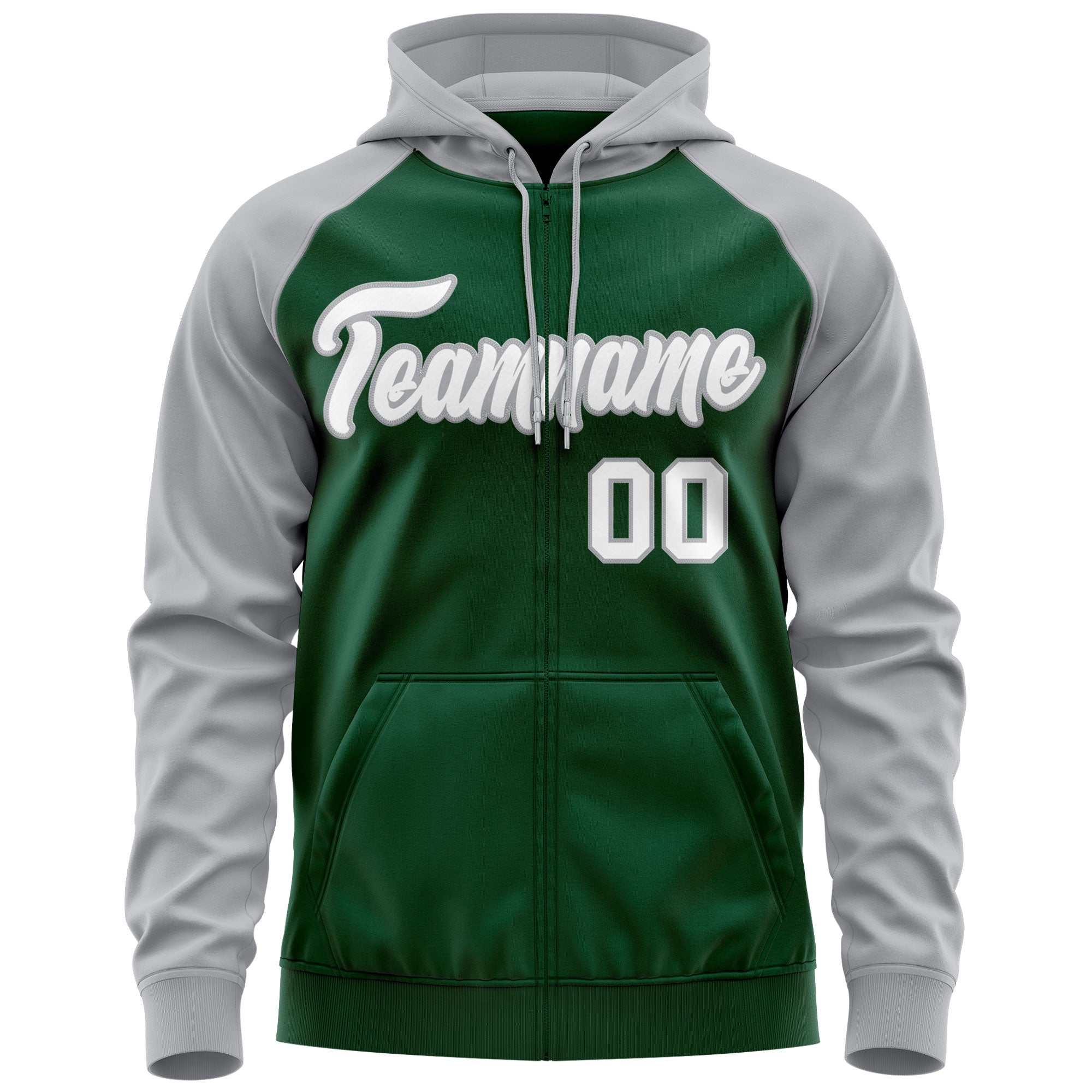Custom Stitched Green White-Gray Raglan Sleeves Sports Full-Zip Sweatshirt Hoodie| KXKSHOP