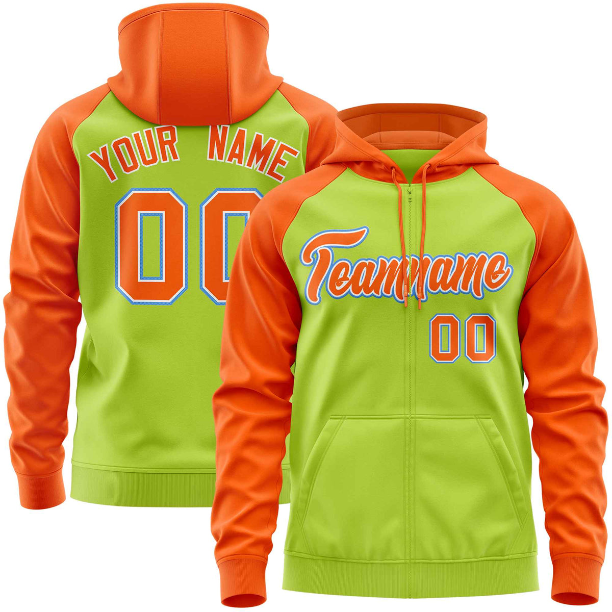 Custom Stitched Neon Green Orange Raglan Sleeves Sports Full-Zip Sweatshirt Hoodie| KXKSHOP