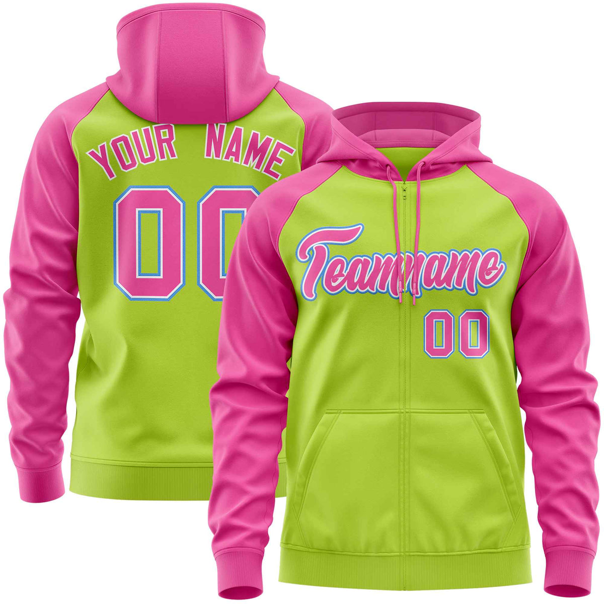 Custom Stitched Neon Green Pink Raglan Sleeves Sports Full-Zip Sweatshirt Hoodie| KXKSHOP