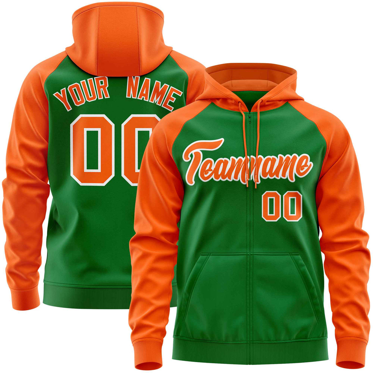 Custom Stitched Kelly Green Orange Raglan Sleeves Sports Full-Zip Sweatshirt Hoodie| KXKSHOP