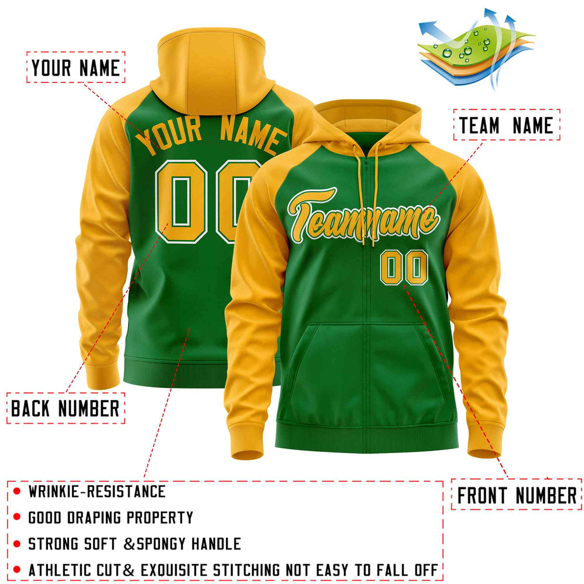 Custom Stitched Kelly Green Gold Raglan Sleeves Sports Full-Zip Sweatshirt Hoodie| KXKSHOP