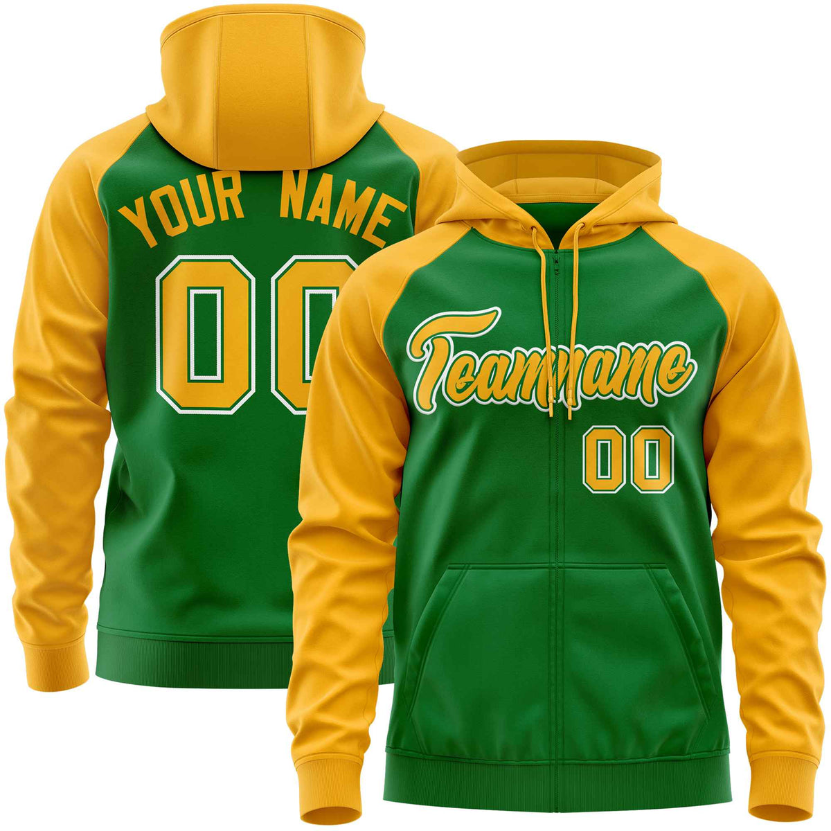 Custom Stitched Kelly Green Gold Raglan Sleeves Sports Full-Zip Sweatshirt Hoodie| KXKSHOP