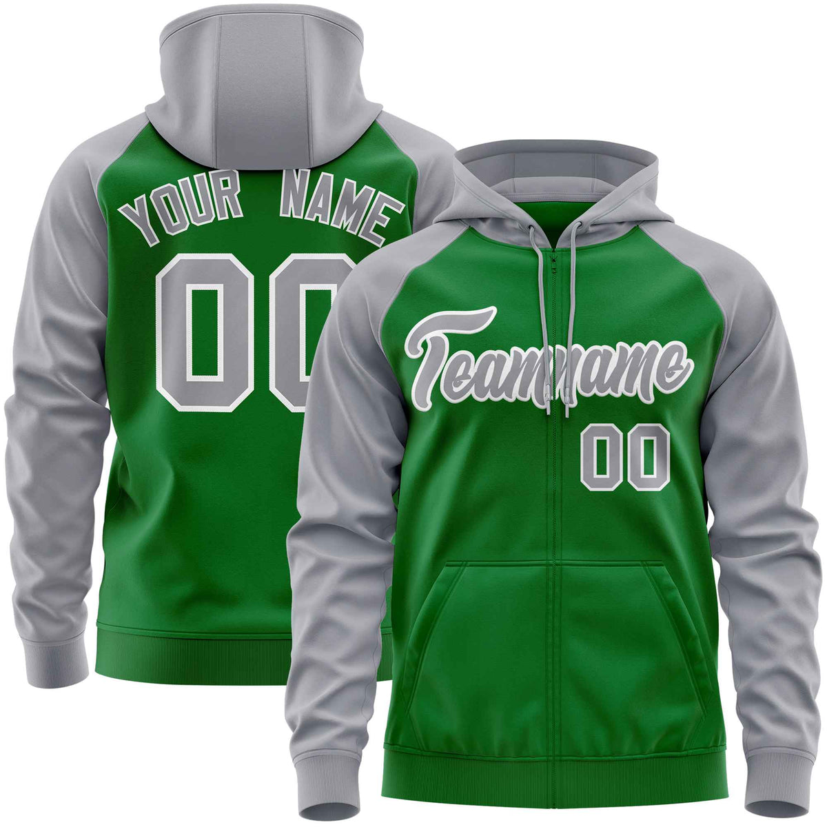 Custom Stitched Kelly Green Light Gray Raglan Sleeves Sports Full-Zip Sweatshirt Hoodie| KXKSHOP