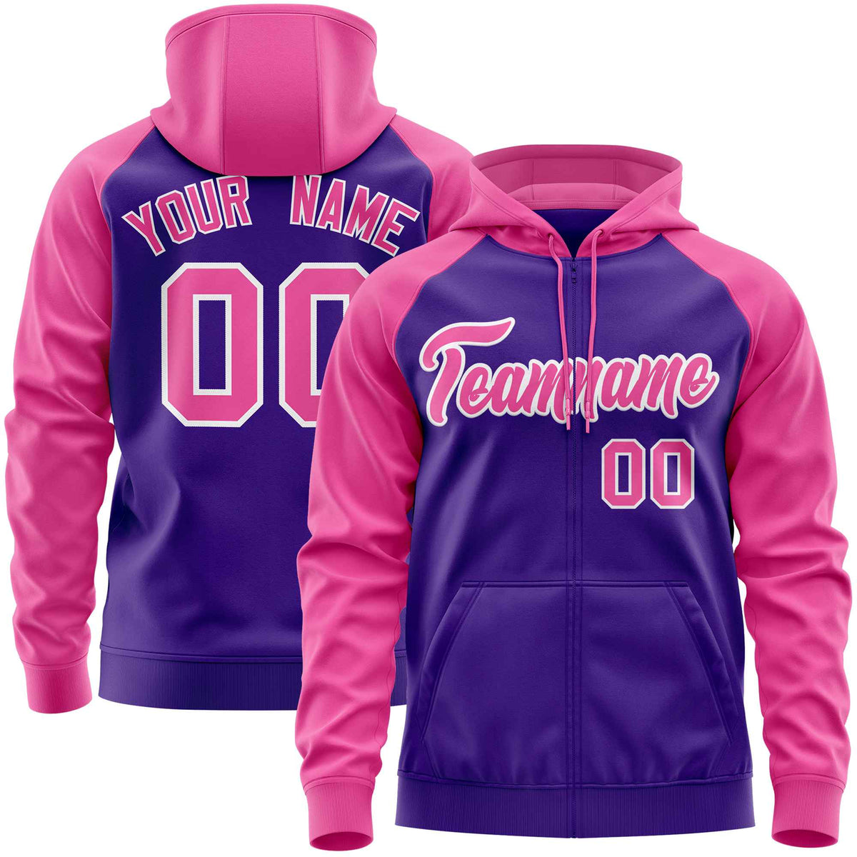 Custom Stitched Purple Pink Raglan Sleeves Sports Full-Zip Sweatshirt Hoodie| KXKSHOP