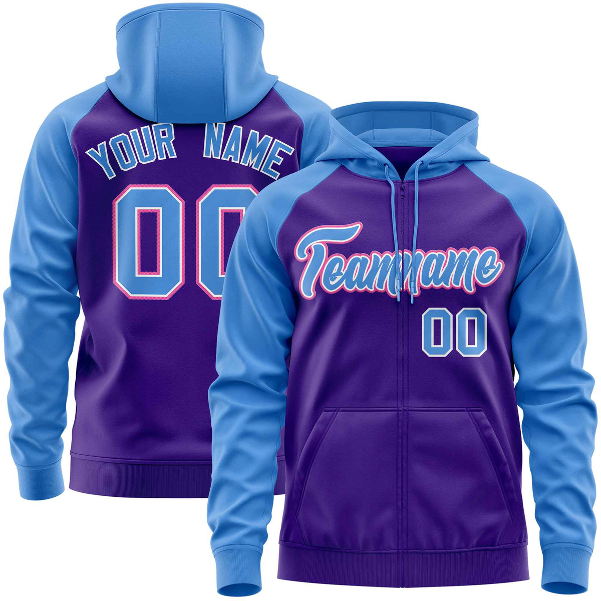 Custom Stitched Purple Powder Blue Raglan Sleeves Sports Full-Zip Sweatshirt Hoodie| KXKSHOP