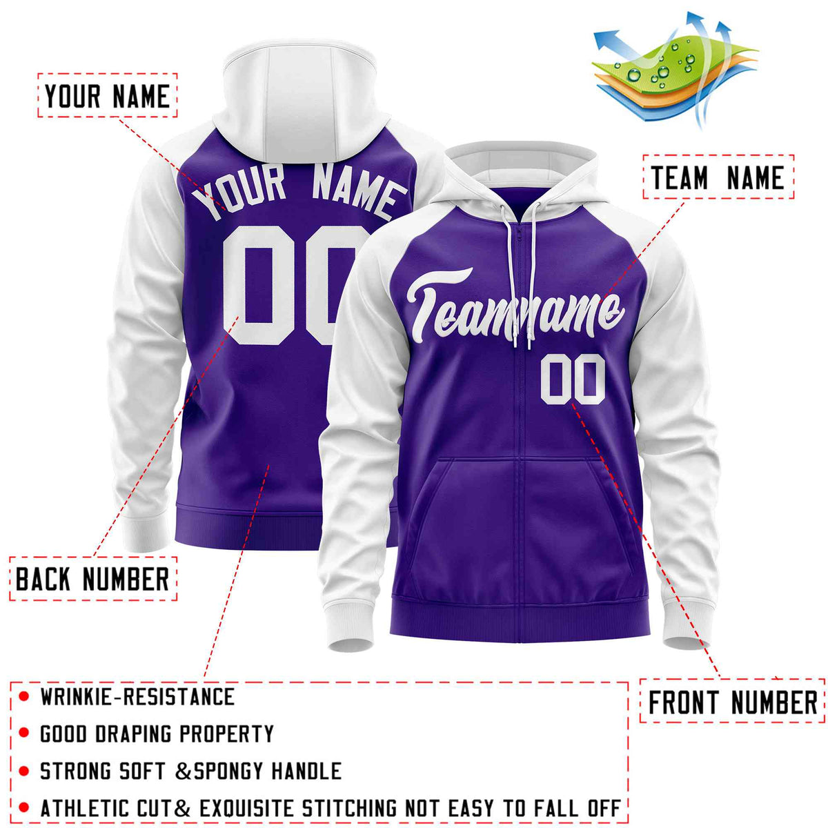 Custom Stitched Purple White Raglan Sleeves Sports Full-Zip Sweatshirt Hoodie| KXKSHOP
