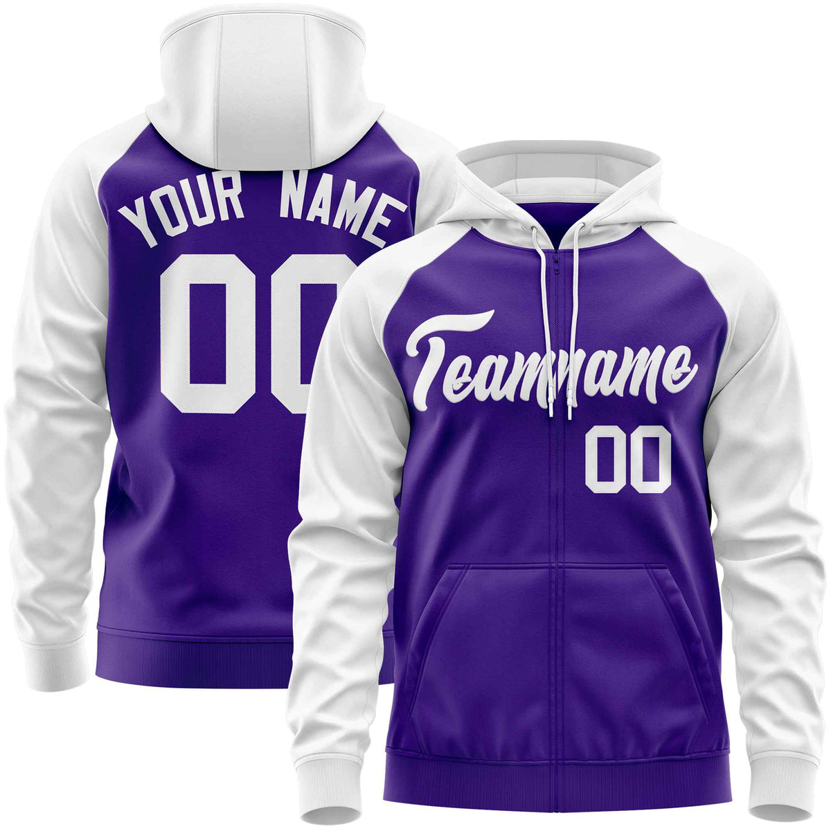 Custom Stitched Purple White Raglan Sleeves Sports Full-Zip Sweatshirt Hoodie| KXKSHOP