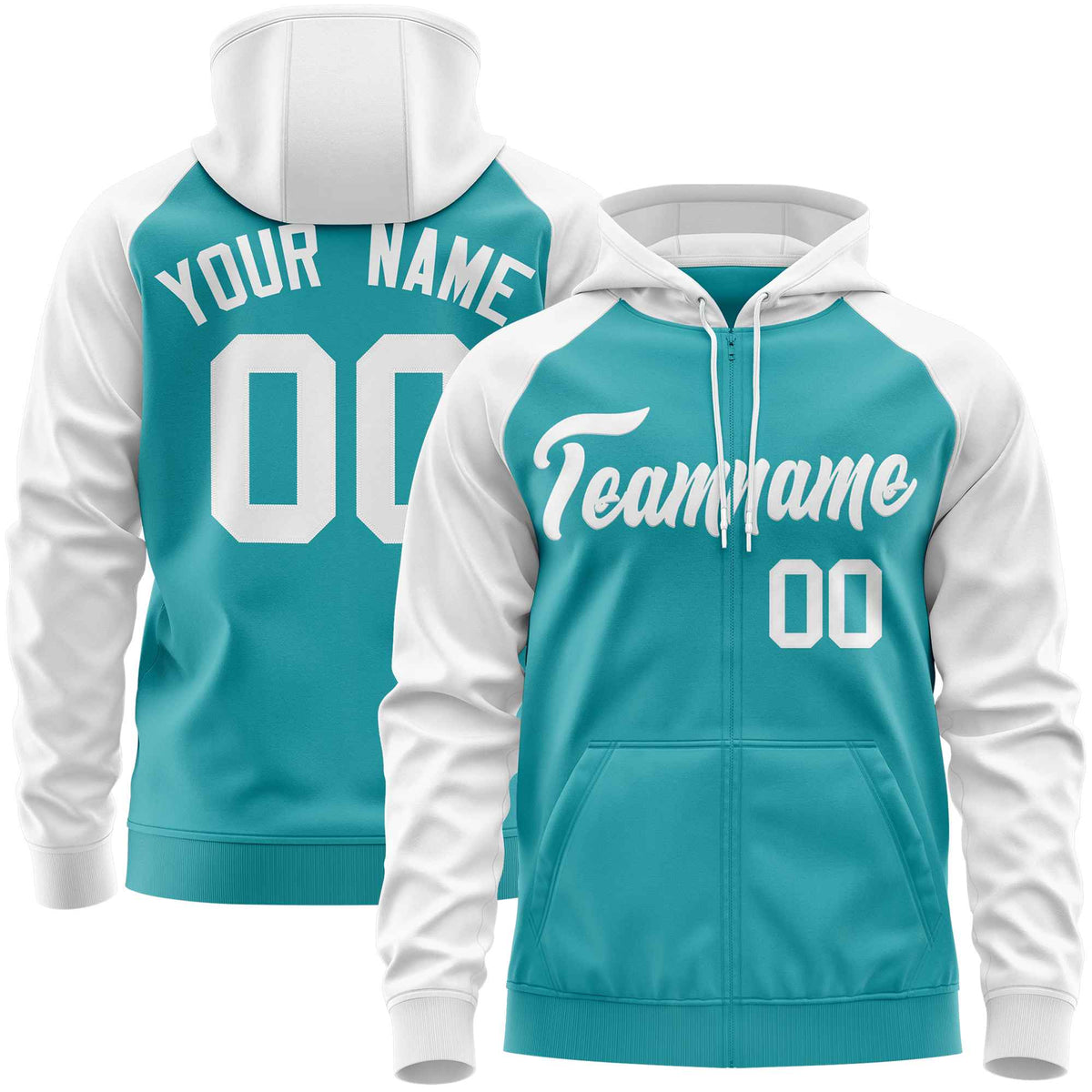 Custom Stitched Aqua White Raglan Sleeves Sports Full-Zip Sweatshirt Hoodie| KXKSHOP
