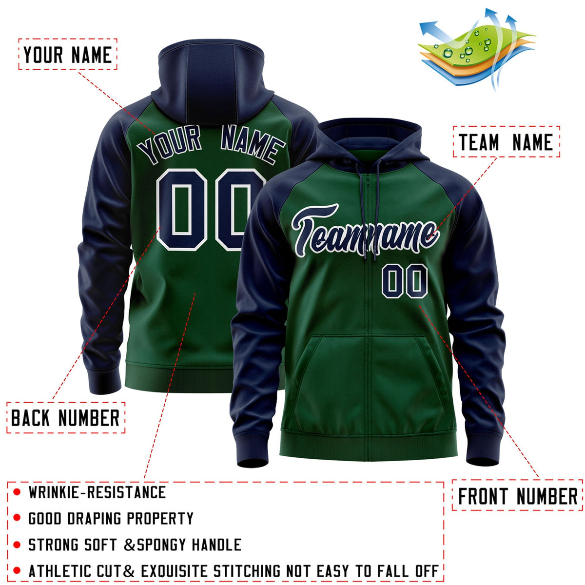 Custom Stitched Green Navy-White Raglan Sleeves Sports Full-Zip Sweatshirt Hoodie| KXKSHOP
