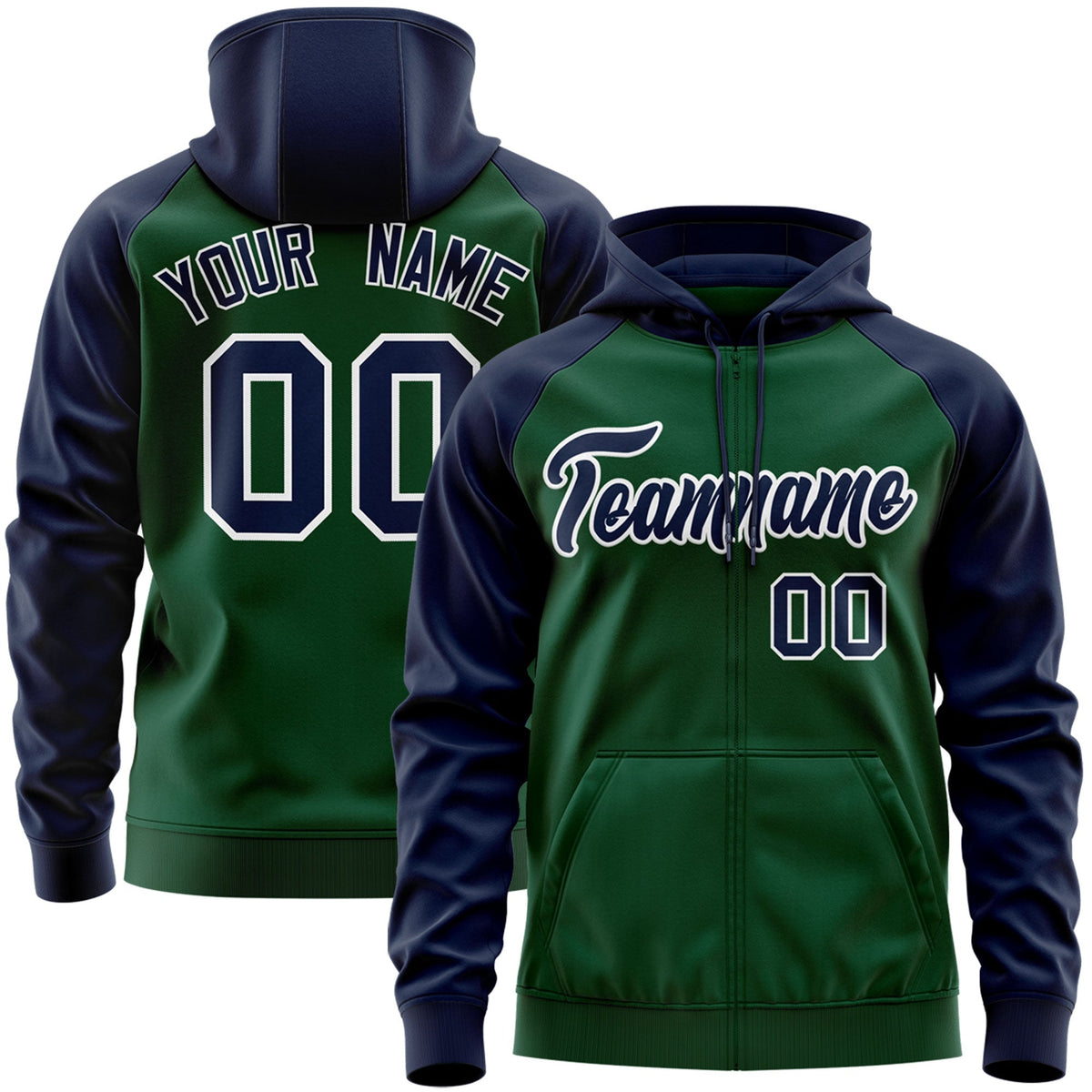 Custom Stitched Green Navy-White Raglan Sleeves Sports Full-Zip Sweatshirt Hoodie| KXKSHOP
