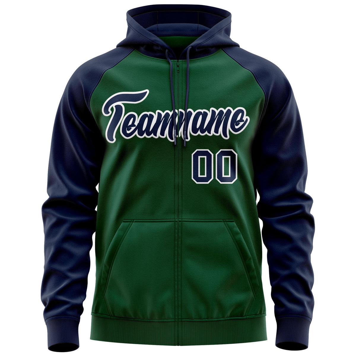 Custom Stitched Green Navy-White Raglan Sleeves Sports Full-Zip Sweatshirt Hoodie| KXKSHOP