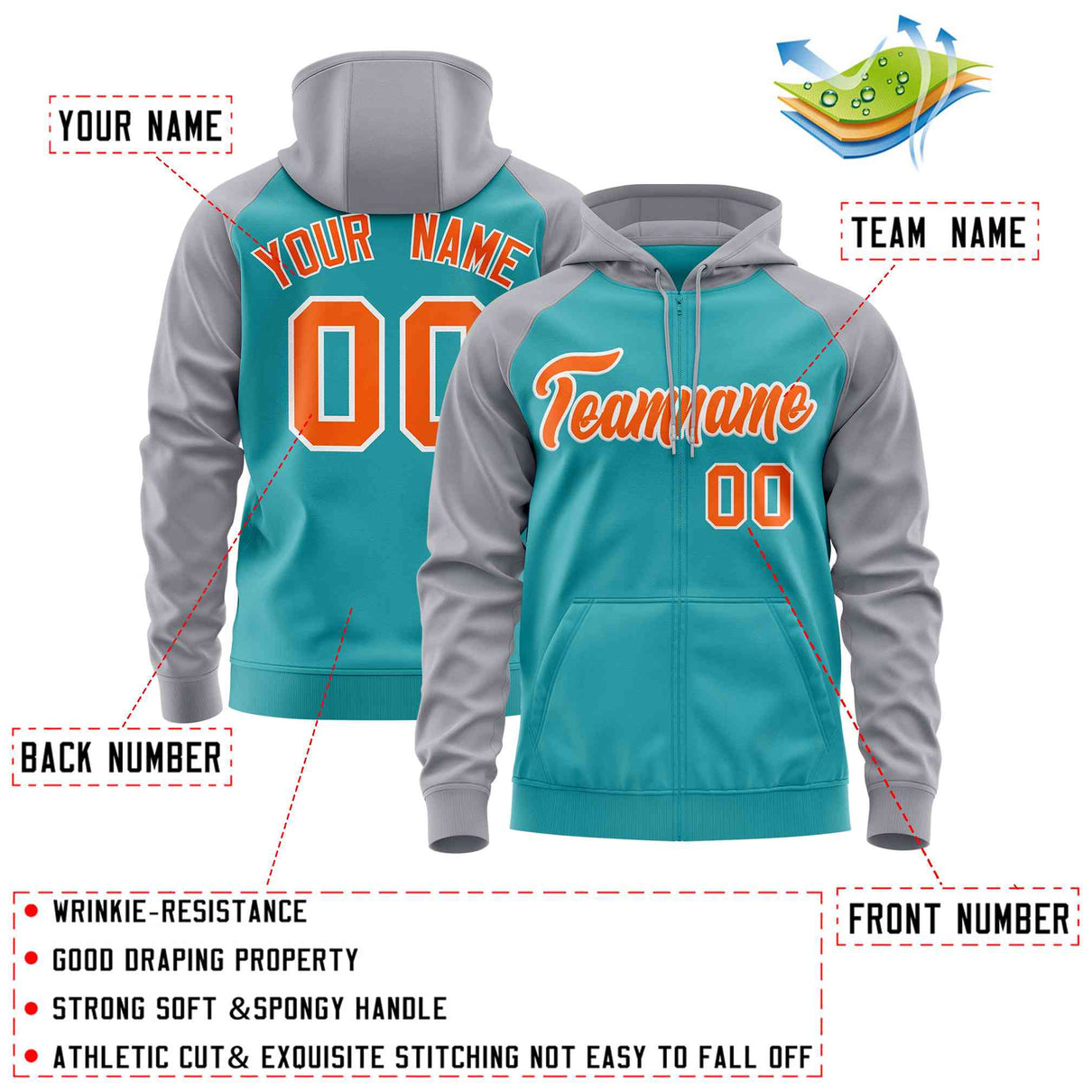 Custom Stitched Aqua Light Gray-Orange Raglan Sleeves Sports Full-Zip Sweatshirt Hoodie| KXKSHOP