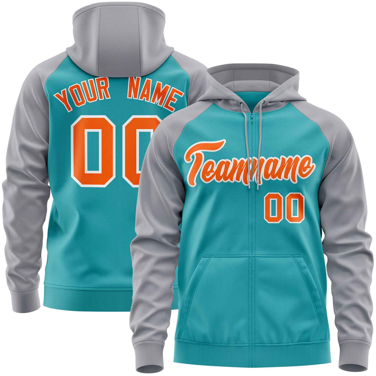 Custom Stitched Aqua Light Gray-Orange Raglan Sleeves Sports Full-Zip Sweatshirt Hoodie| KXKSHOP