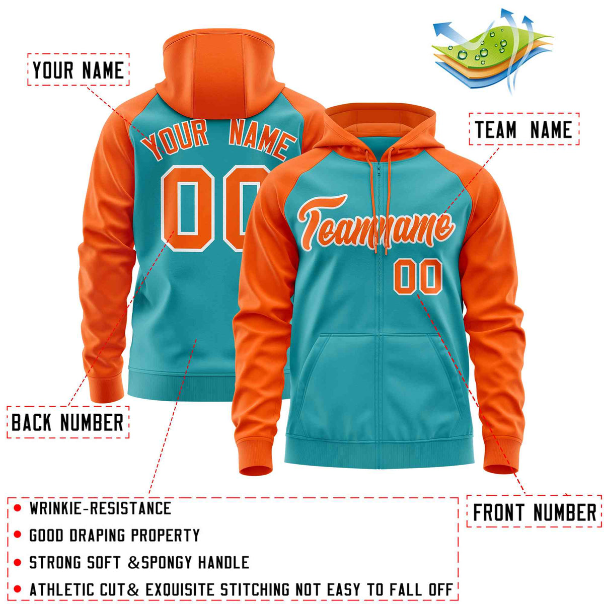 Custom Stitched Aqua Orange Raglan Sleeves Sports Full-Zip Sweatshirt Hoodie| KXKSHOP