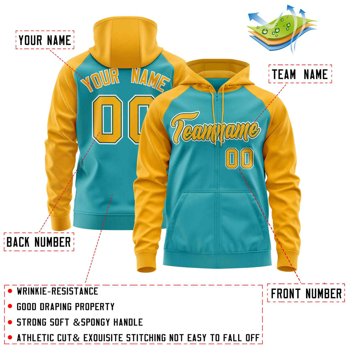 Custom Stitched Aqua Gold Raglan Sleeves Sports Full-Zip Sweatshirt Hoodie| KXKSHOP