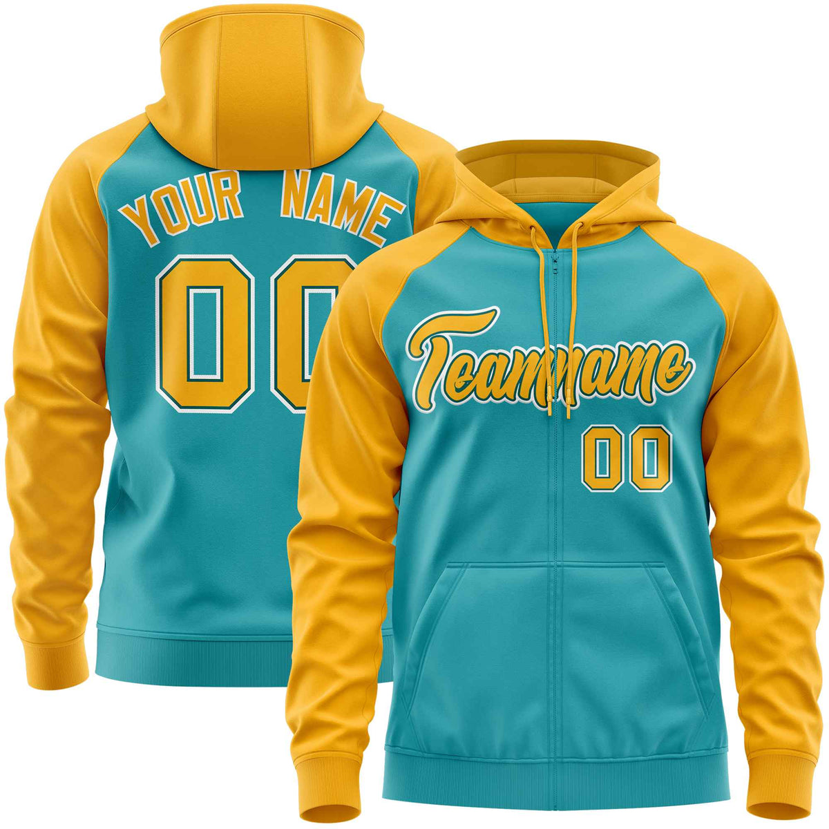 Custom Stitched Aqua Gold Raglan Sleeves Sports Full-Zip Sweatshirt Hoodie| KXKSHOP