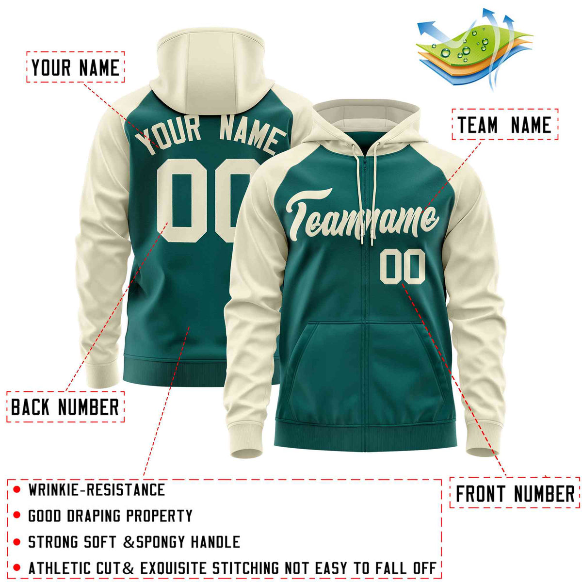 Custom Stitched Aqua Cream Raglan Sleeves Sports Full-Zip Sweatshirt Hoodie| KXKSHOP