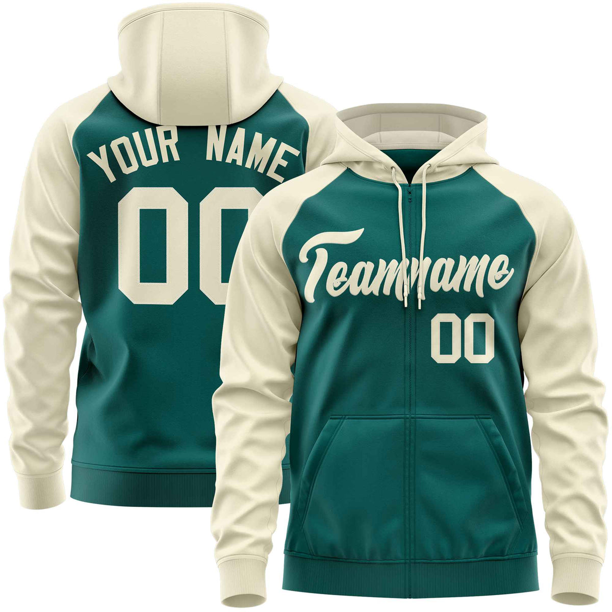 Custom Stitched Aqua Cream Raglan Sleeves Sports Full-Zip Sweatshirt Hoodie| KXKSHOP