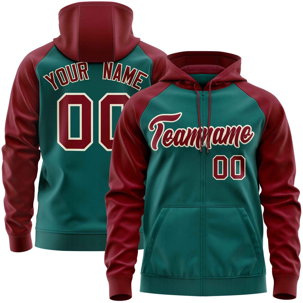 Custom Stitched Aqua Crimson Raglan Sleeves Sports Full-Zip Sweatshirt Hoodie| KXKSHOP