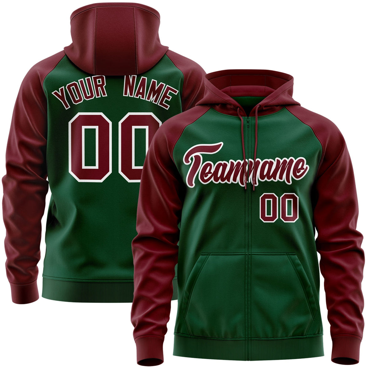 Custom Stitched Green Crimson-White Raglan Sleeves Sports Full-Zip Sweatshirt Hoodie| KXKSHOP