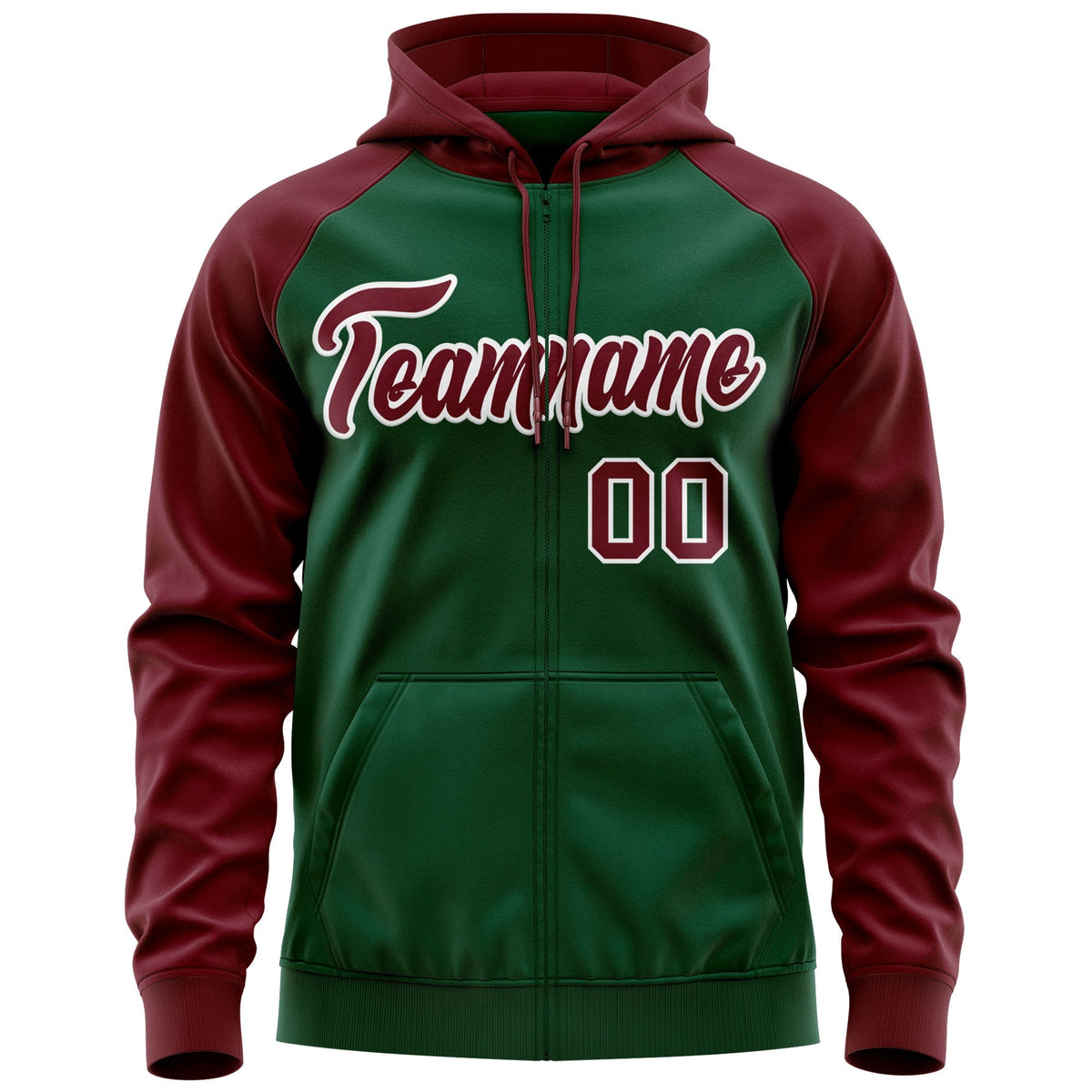 Custom Stitched Green Crimson-White Raglan Sleeves Sports Full-Zip Sweatshirt Hoodie| KXKSHOP