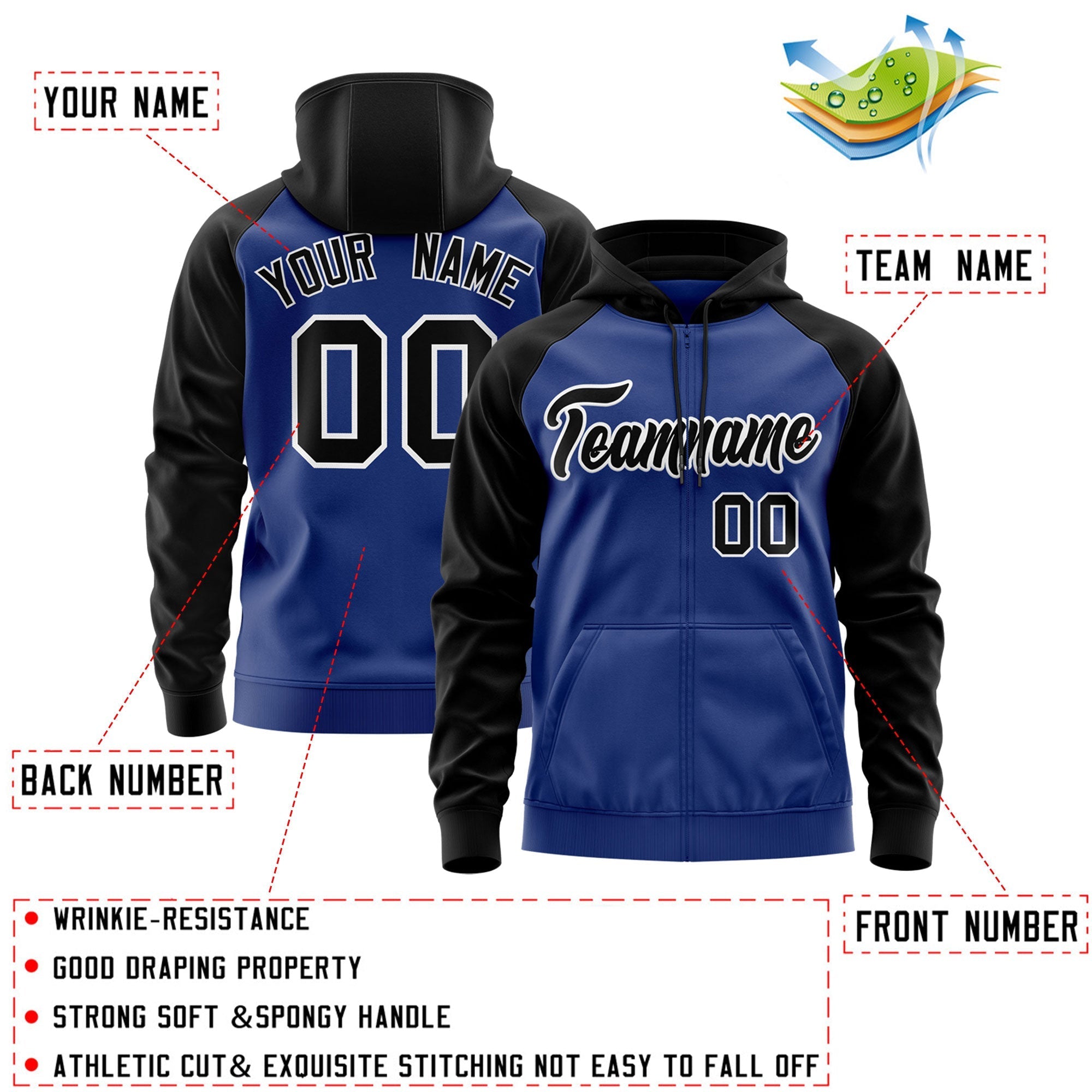 Custom Stitched Royal Black-White Raglan Sleeves Sports Full-Zip Sweatshirt Hoodie| KXKSHOP