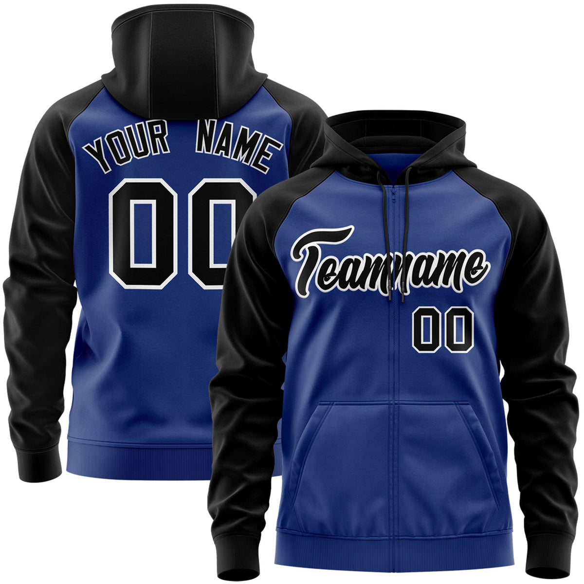 Custom Stitched Royal Black-White Raglan Sleeves Sports Full-Zip Sweatshirt Hoodie| KXKSHOP
