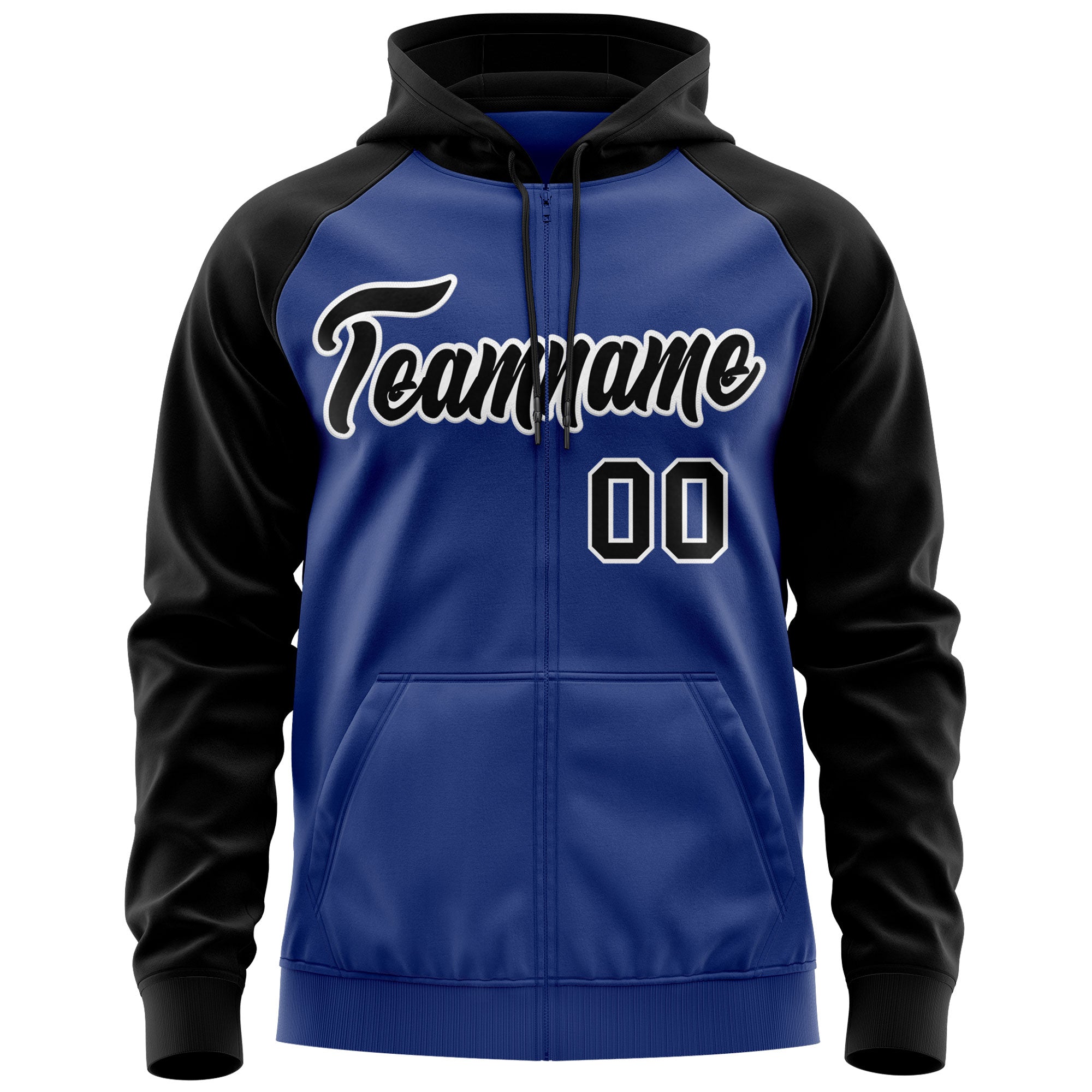 Custom Stitched Royal Black-White Raglan Sleeves Sports Full-Zip Sweatshirt Hoodie| KXKSHOP