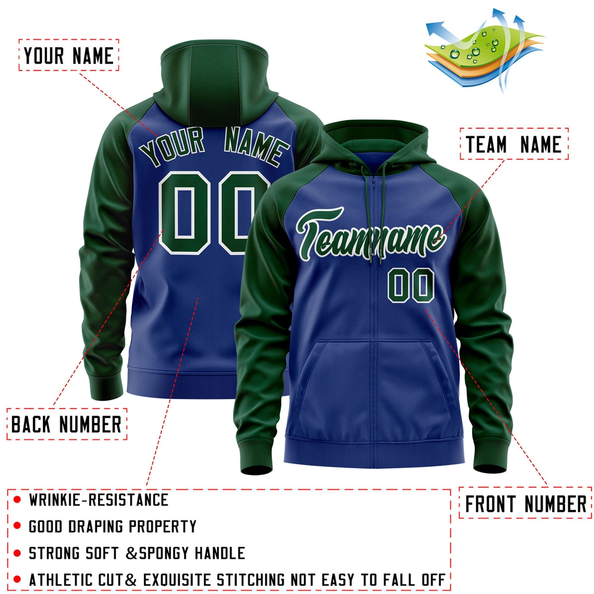Custom Stitched Royal Green-White Raglan Sleeves Sports Full-Zip Sweatshirt Hoodie| KXKSHOP