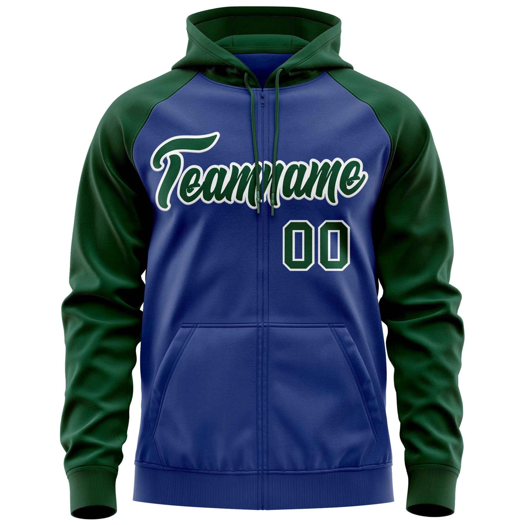 Custom Stitched Royal Green-White Raglan Sleeves Sports Full-Zip Sweatshirt Hoodie| KXKSHOP
