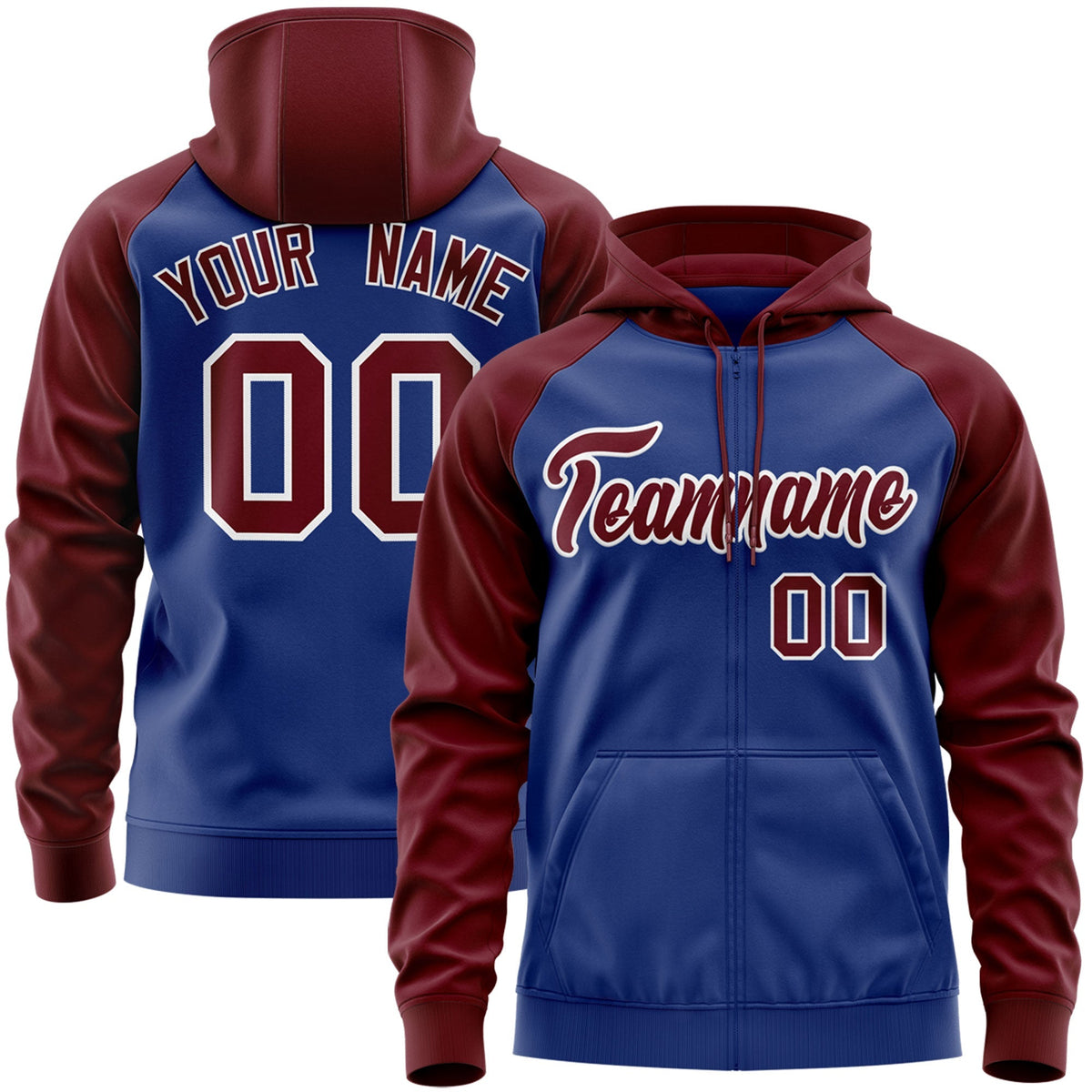 Custom Stitched Royal Crimson-White Raglan Sleeves Sports Full-Zip Sweatshirt Hoodie| KXKSHOP