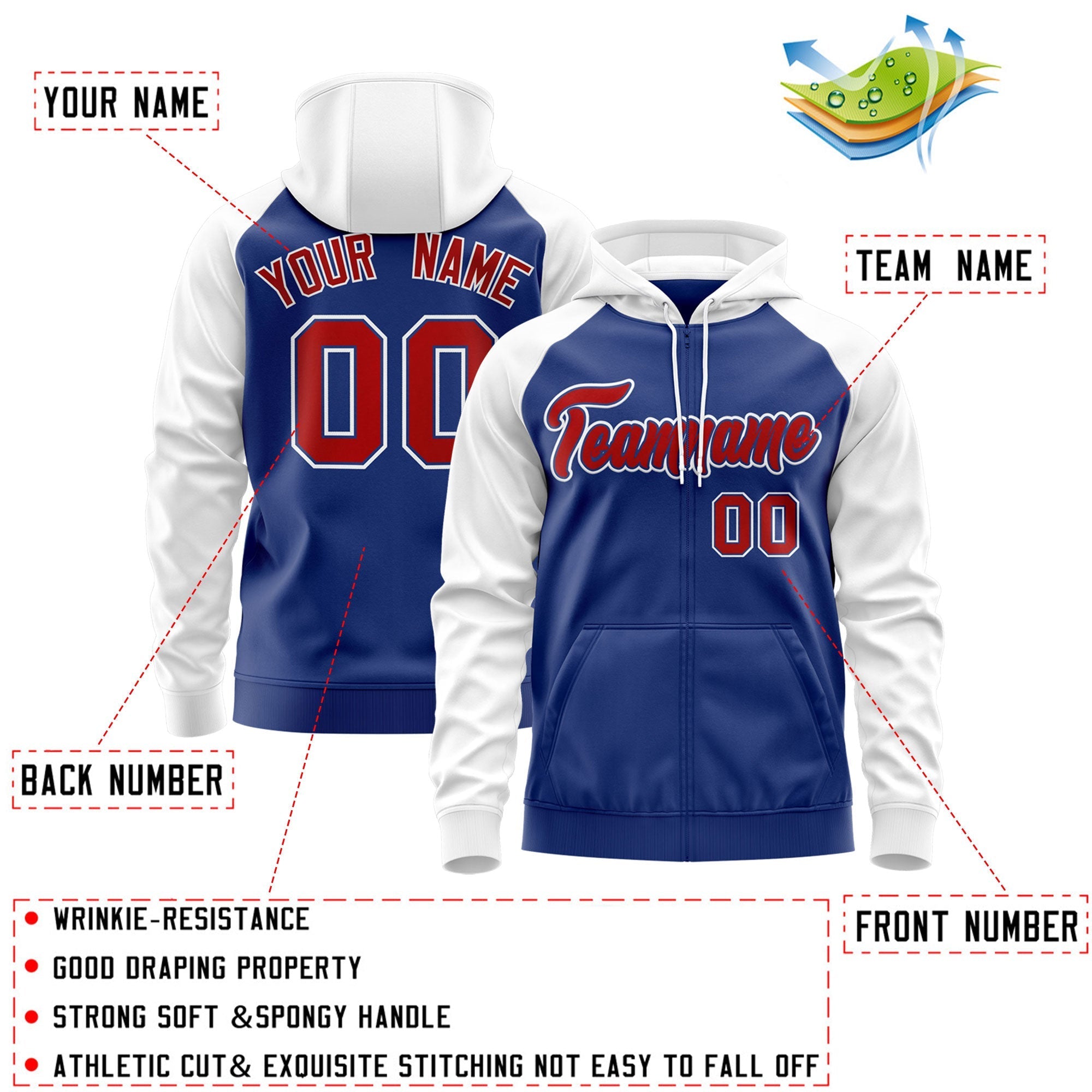 Custom Stitched Royal Red-White Raglan Sleeves Sports Full-Zip Sweatshirt Hoodie| KXKSHOP