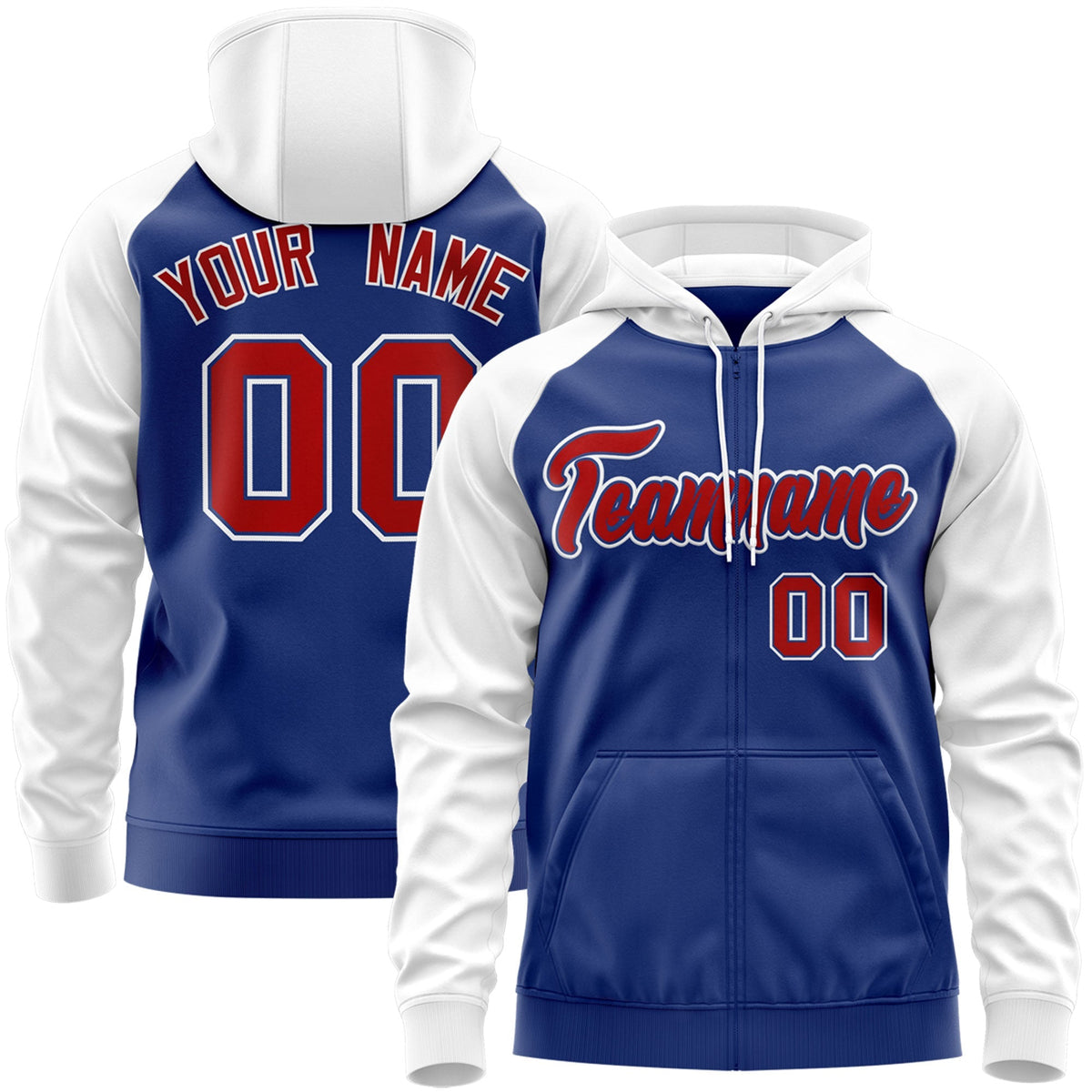 Custom Stitched Royal Red-White Raglan Sleeves Sports Full-Zip Sweatshirt Hoodie| KXKSHOP