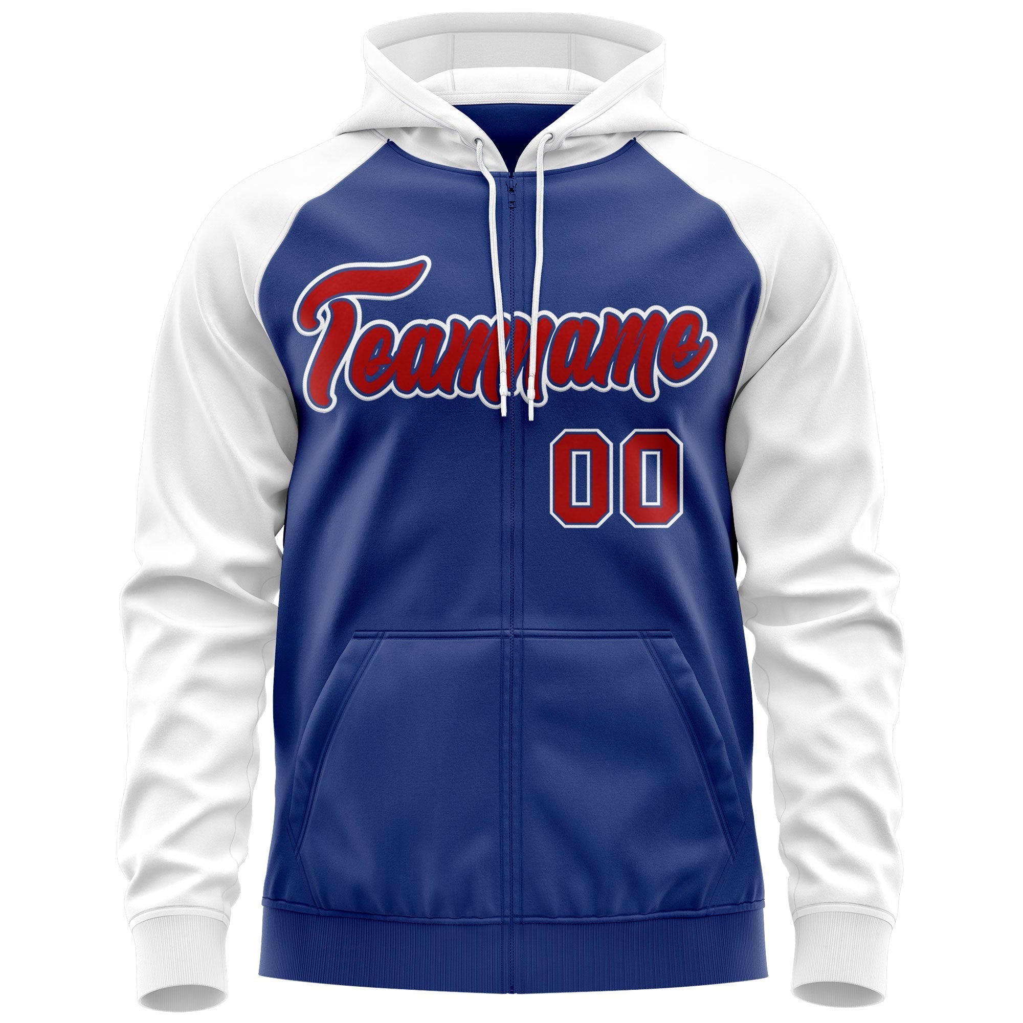 Custom Stitched Royal Red-White Raglan Sleeves Sports Full-Zip Sweatshirt Hoodie| KXKSHOP