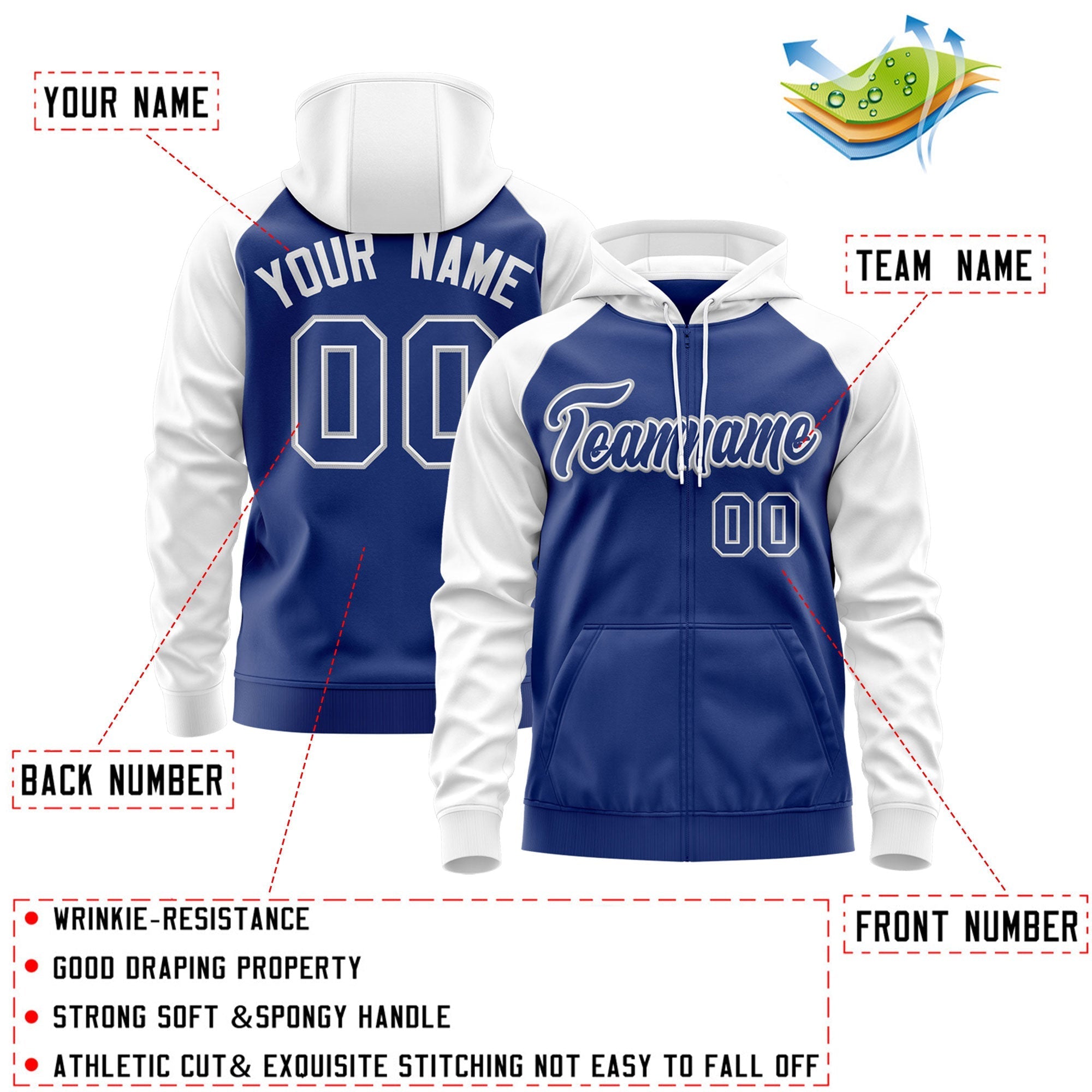 Custom Stitched Royal White-Gray Raglan Sleeves Sports Full-Zip Sweatshirt Hoodie| KXKSHOP